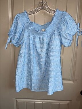 Light Blue Smocked Puff-Sleeve Blouse with Tie Sleeves